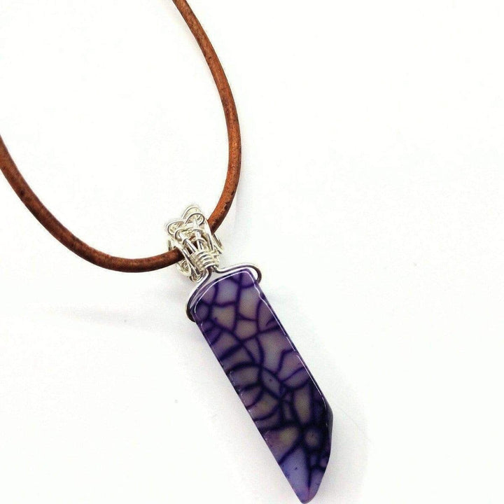 Silver Wrapped Purple Dyed Crackle Agate Point Leather Necklace Necklace Alexa Martha Designs 