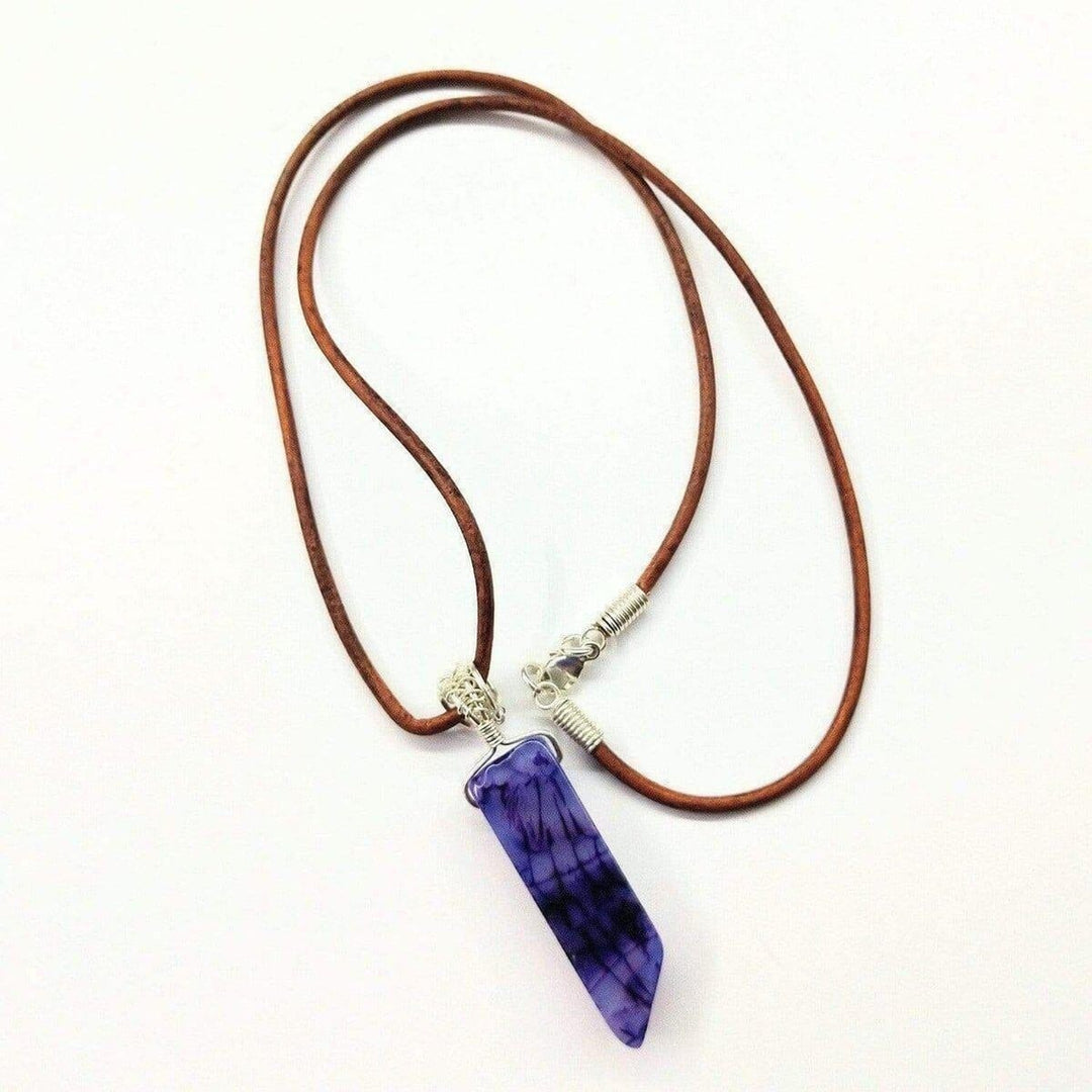 Silver Wrapped Purple Dyed Crackle Agate Point Leather Necklace -Necklace - Alexa Martha Designs