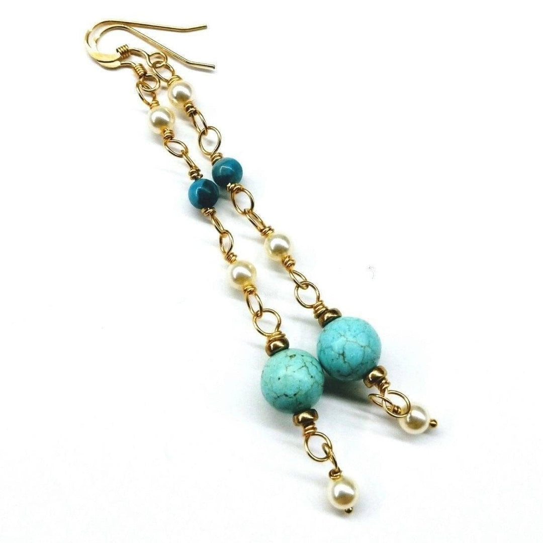 Long 14 K Gold Filled Turquoise Pearl Earrings - Earrings - Alexa Martha Designs   
