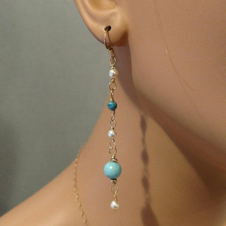 Long 14 K Gold Filled Turquoise Pearl Earrings - Earrings - Alexa Martha Designs   