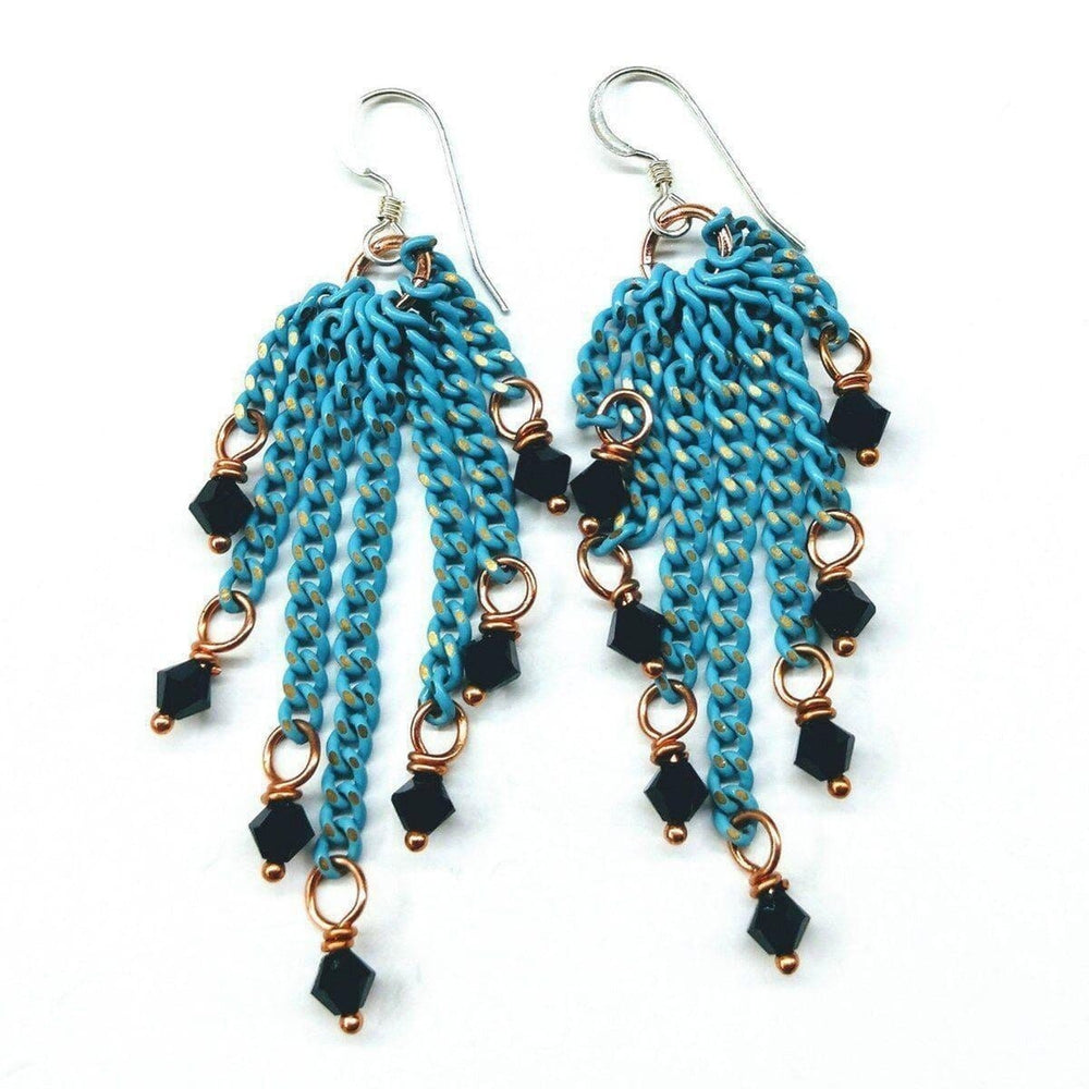 Turquoise Tassel Chain Black Crystal Earrings - Earrings - Alexa Martha Designs   