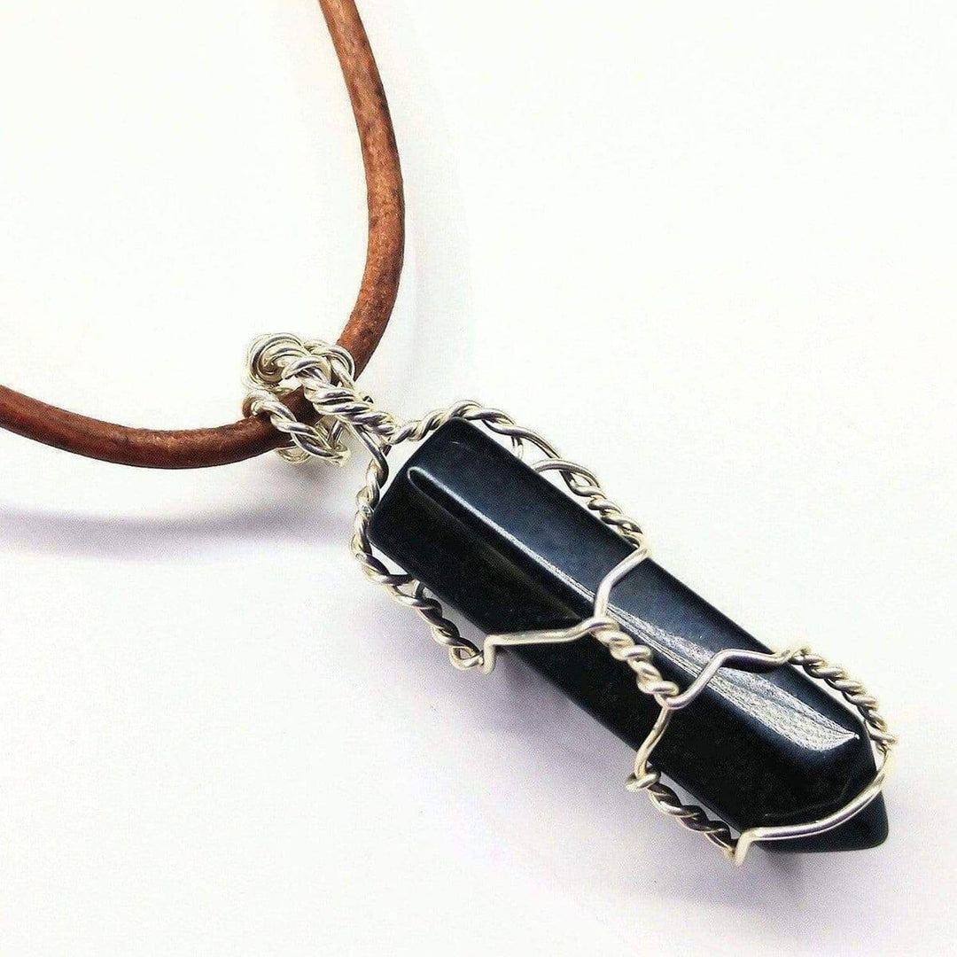 Silver Wire Wrapped Gemstone Crystal Point Pendant Necklace Alexa Martha Designs 18 inches Black Jade 