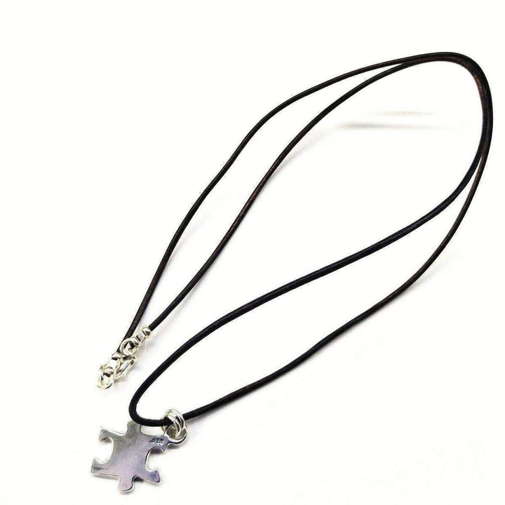 Sterling Silver Autism Awareness Puzzle Piece Leather Necklace - Necklace - Alexa Martha Designs   