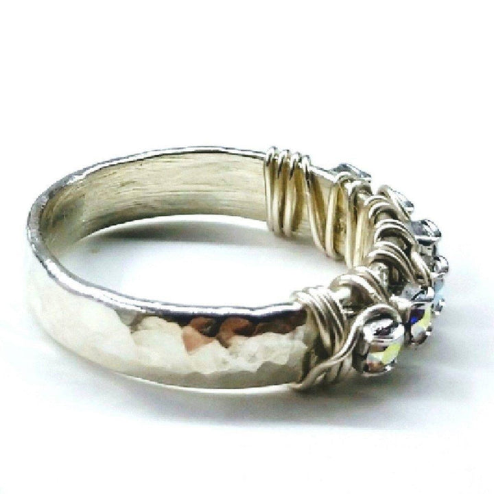 Wire Wrapped Silver Hammered Super Sparkly Crystal Bling Ring - Ring - Alexa Martha Designs   