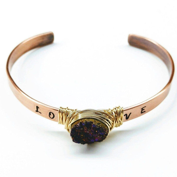 LOVE Stamped Gold Wire Wrapped Purple Druzy Copper Cuff - Bangles /Bracelets - Alexa Martha Designs   