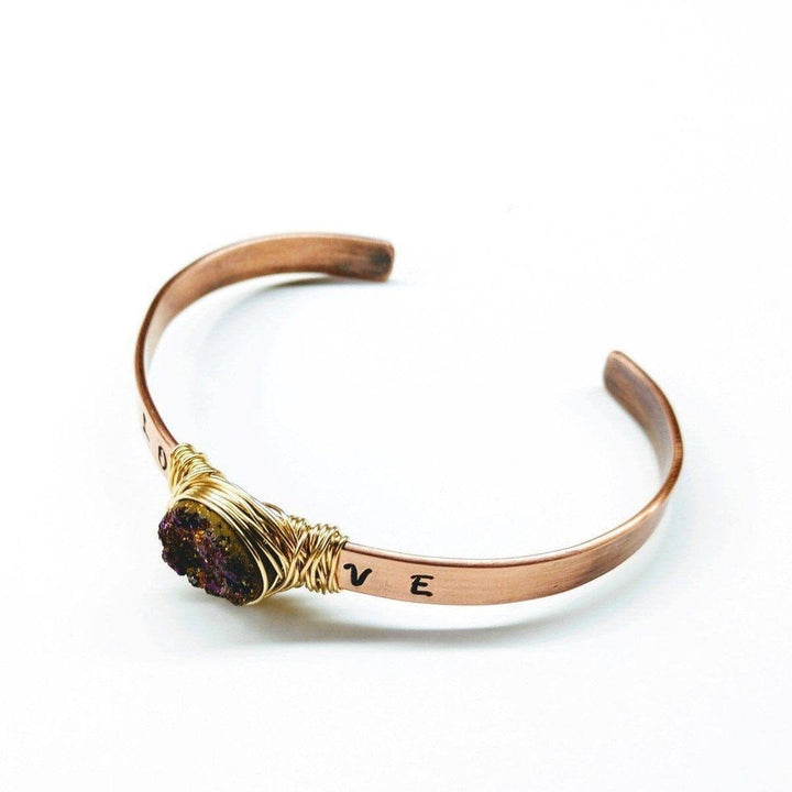 LOVE Stamped Gold Wire Wrapped Purple Druzy Copper Cuff Bangles /Bracelets Alexa Martha Designs 