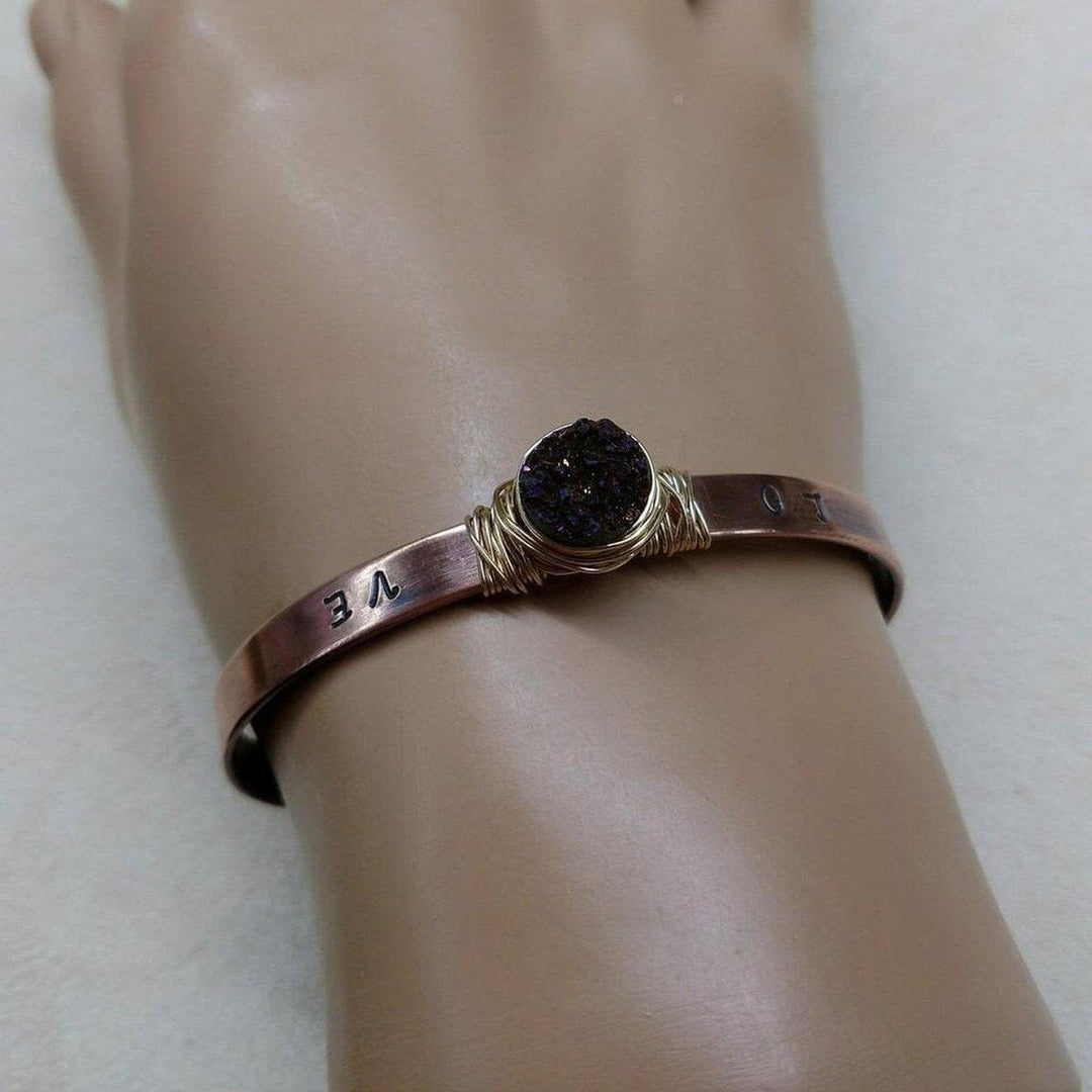 LOVE Stamped Gold Wire Wrapped Purple Druzy Copper Cuff - Bangles /Bracelets - Alexa Martha Designs   
