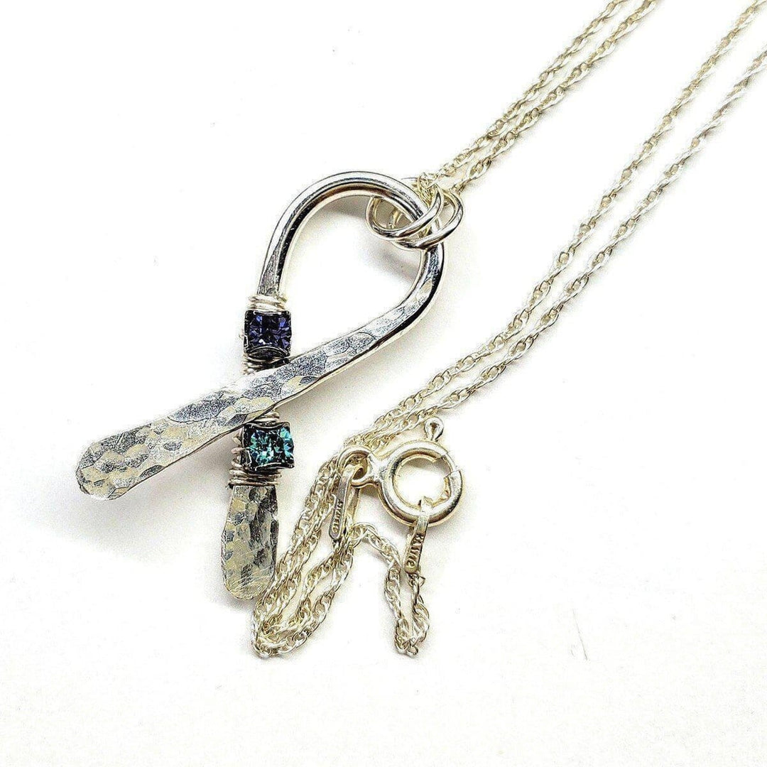 Silver Suicide Prevention Awareness Ribbon Necklace with Purple and Teal Crystals - Awareness Ribbons - Alexa Martha Designs   