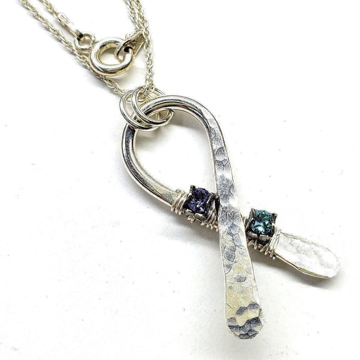 Silver Suicide Prevention Awareness Ribbon Necklace with Purple and Teal Crystals Awareness Ribbons Alexa Martha Designs 18 inches necklace 