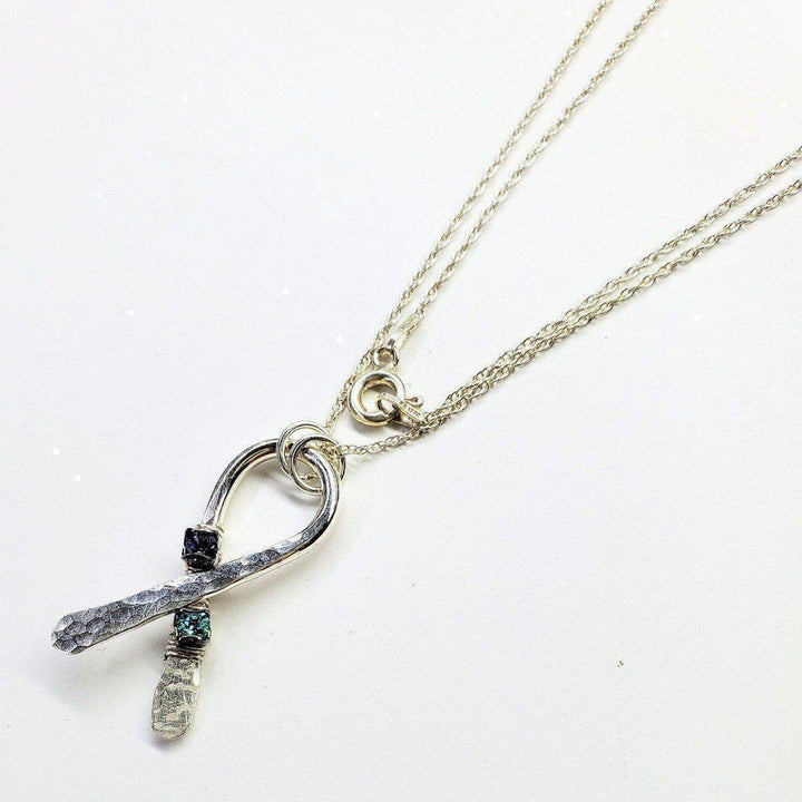 Silver Suicide Prevention Awareness Ribbon Necklace with Purple and Teal Crystals Awareness Ribbons Alexa Martha Designs 