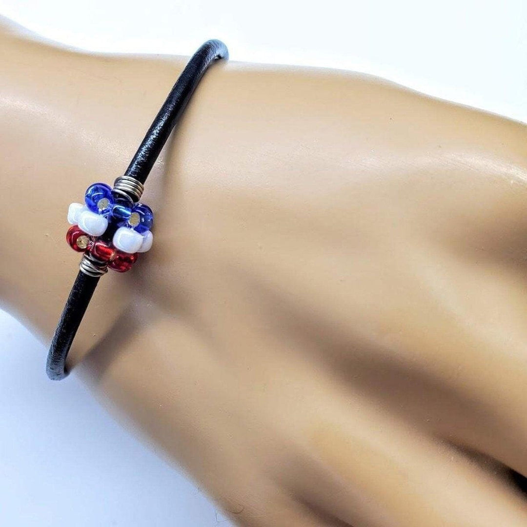 Red White And Blue Beaded Bead Leather Bracelet for Him and Her Bracelet Alexa Martha Designs X-Small 4.5 x 5 inches 