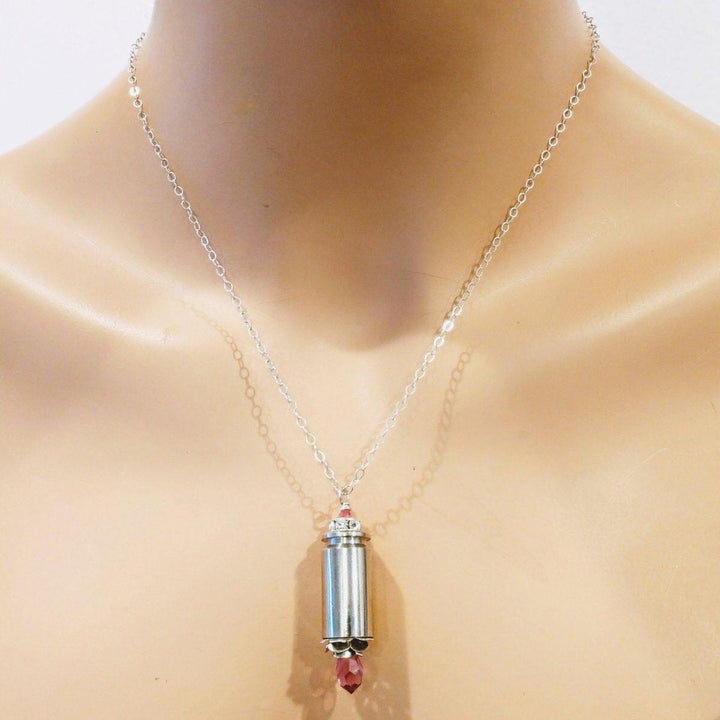 Vintage Style Pink Crystal Drop Silver Bullet Necklace Necklace Alexa Martha Designs 