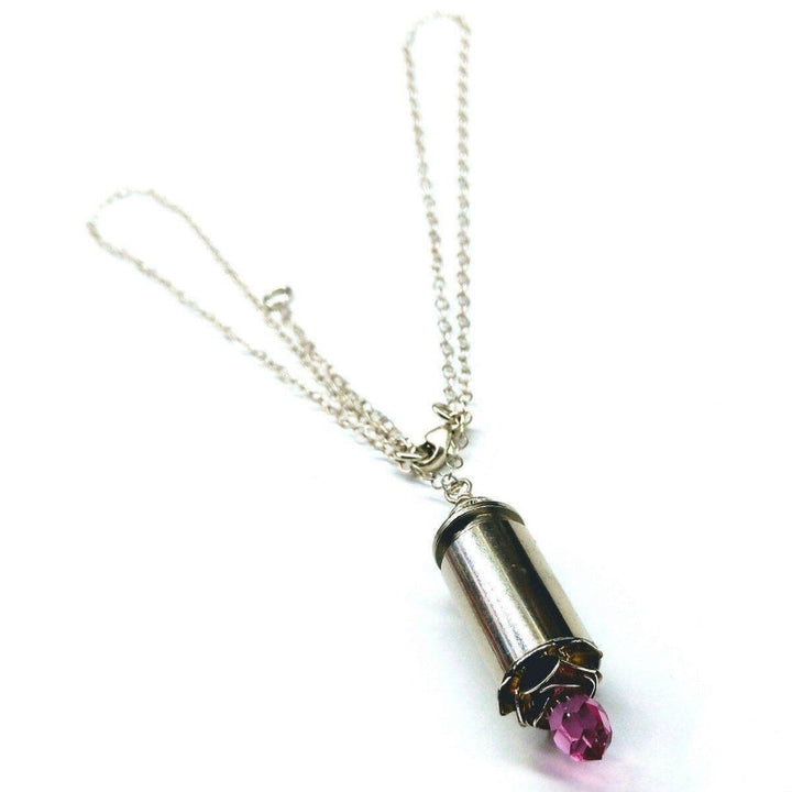 Vintage Style Pink Crystal Drop Silver Bullet Necklace Necklace Alexa Martha Designs Rose 