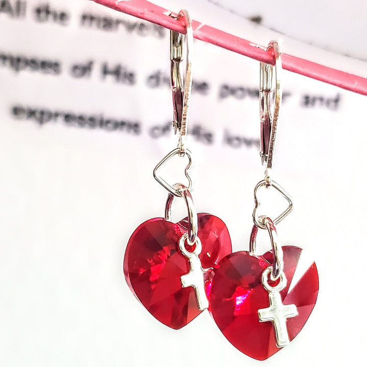 Sterling Silver Red Heart Crystal I Love You Jesus Earrings Earrings Alexa Martha Designs Earrings With Cross Charm 