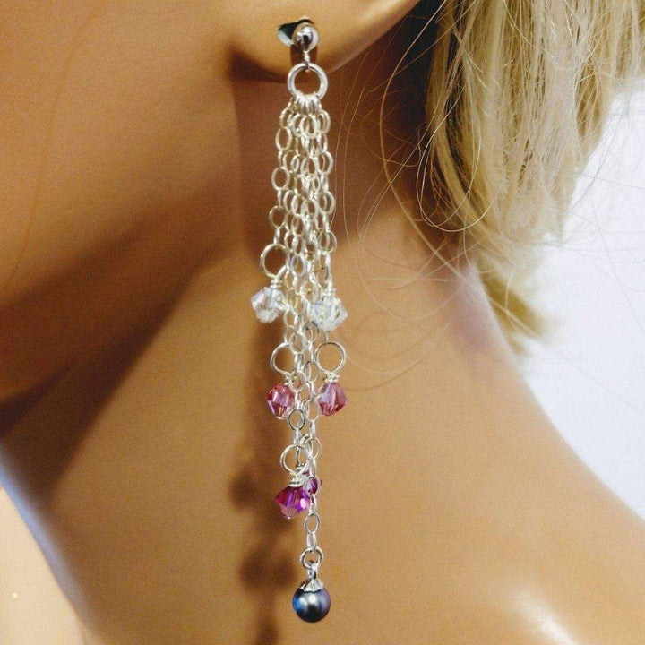 Long Sterling Silver Crystal  Pearl Tassel Earrings - Earrings - Alexa Martha Designs   
