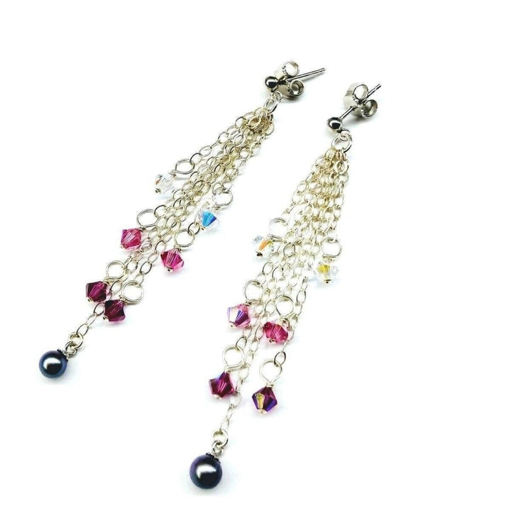 Long Sterling Silver Crystal  Pearl Tassel Earrings - Earrings - Alexa Martha Designs   