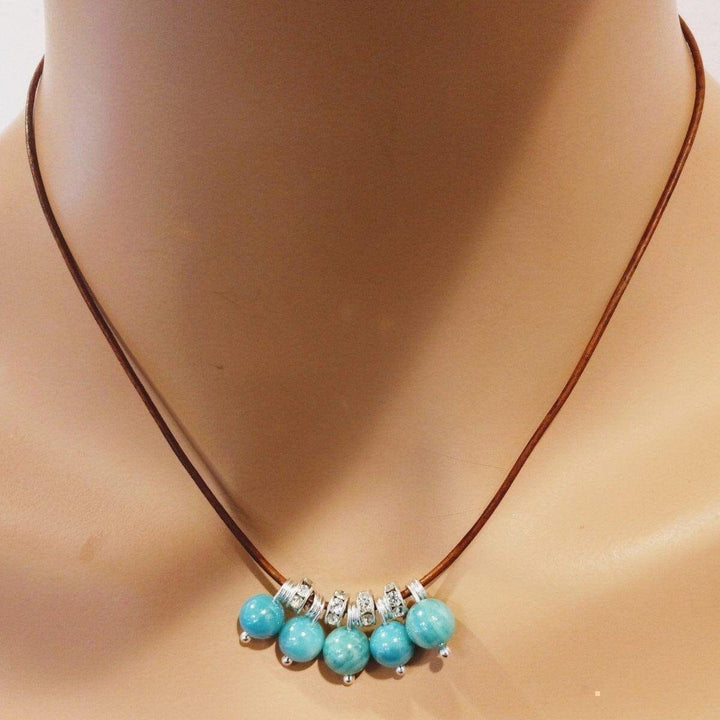 Silver Green Blue Shell Bead Charm Leather Necklace Necklace Alexa Martha Designs 