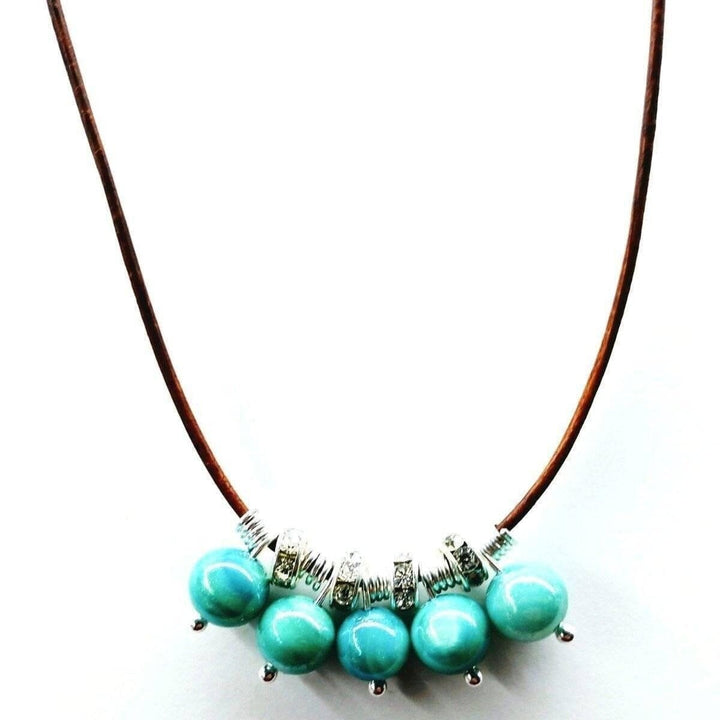 Silver Green Blue Shell Bead Charm Leather Necklace Necklace Alexa Martha Designs 