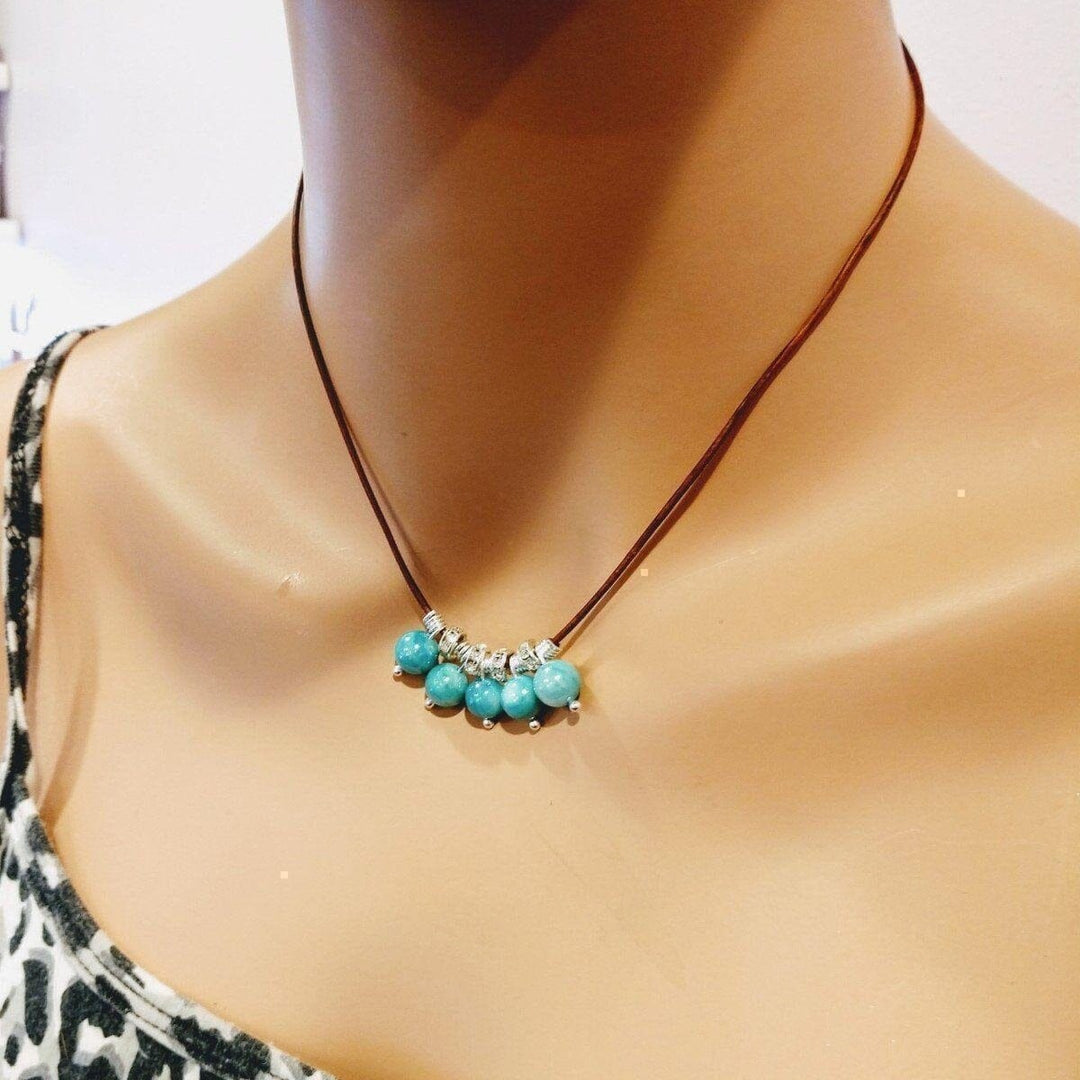 Silver Green Blue Shell Bead Charm Leather Necklace - Necklace - Alexa Martha Designs   