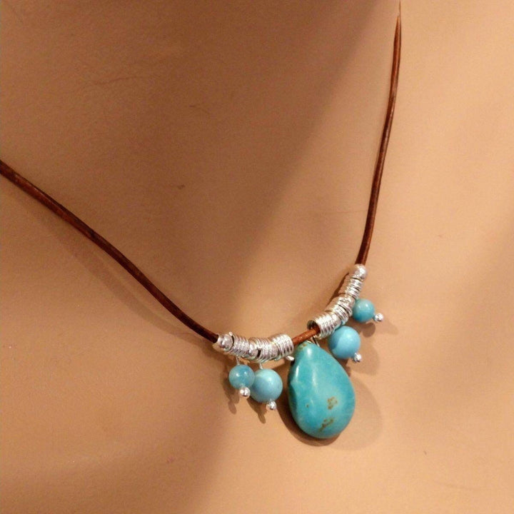 Silver Turquoise Drop Bead Charm Leather Necklace Necklace Alexa Martha Designs 
