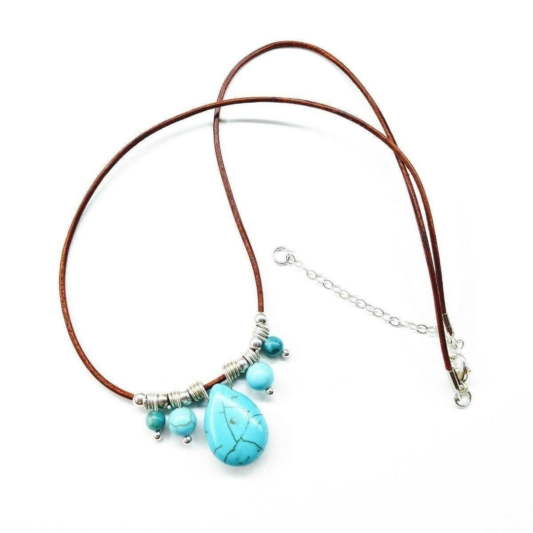 Silver Turquoise Drop Bead Charm Leather Necklace Necklace Alexa Martha Designs 