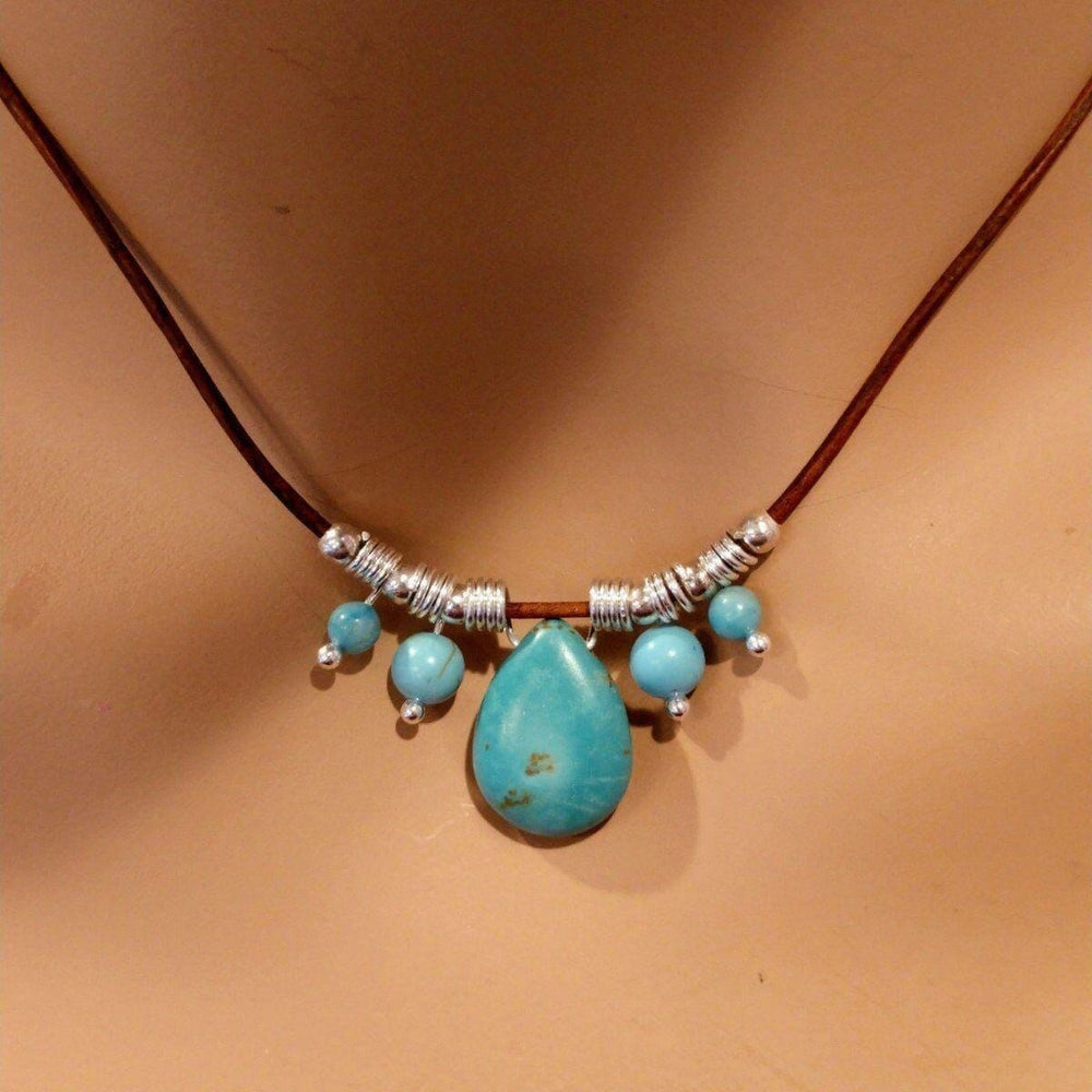 Silver Turquoise Drop Bead Charm Leather Necklace - Necklace - Alexa Martha Designs   