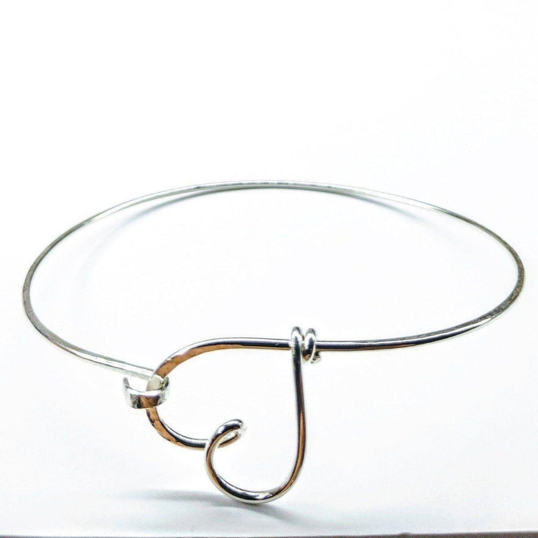 7 inch Oval Eye Hook Bangle Bracelet w/ Heart in Sterling Silver