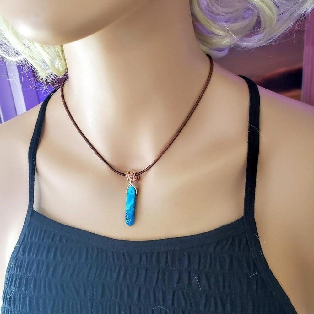 Wire Wrapped Pointed Turquoise Agate Leather Necklace for Him and Her -Necklace - Alexa Martha Designs