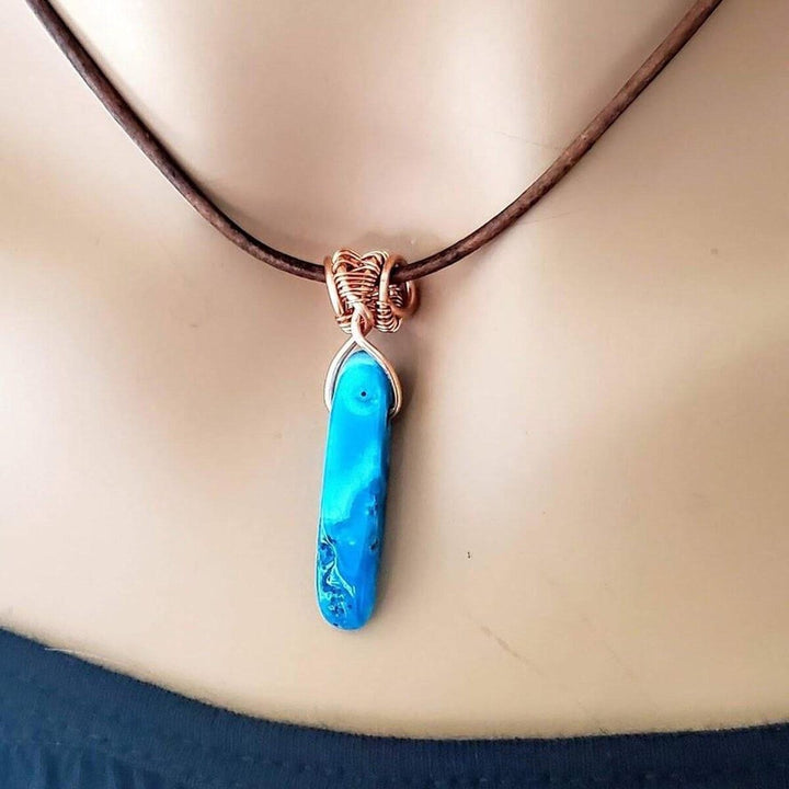 Wire Wrapped Pointed Turquoise Agate Leather Necklace for Him and Her - Necklace - Alexa Martha Designs   