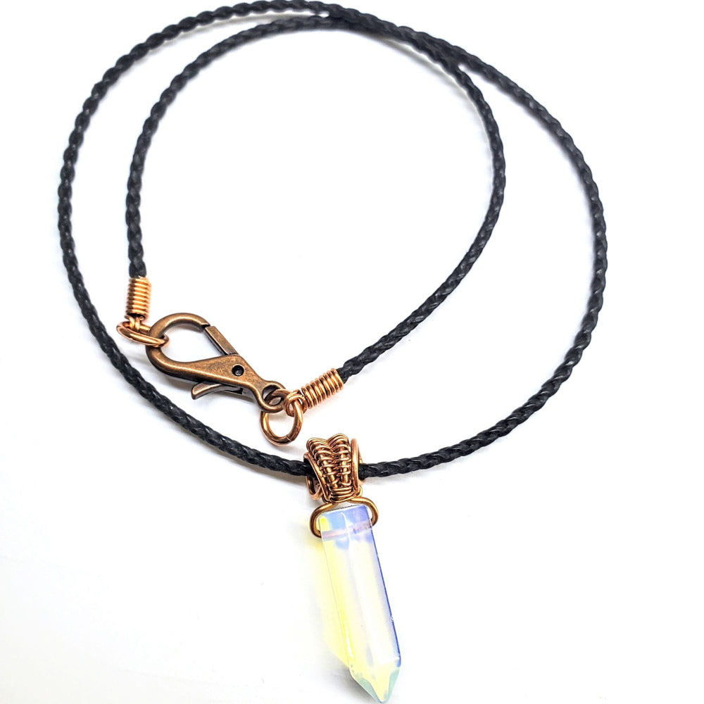Vegan Friendly Wire Wrapped Pointed Crystal Necklace Pendant Alexa Martha Designs Luminescent - Opalite Glass Black Braided Cotton Bolo Cord 2mm 20 inches