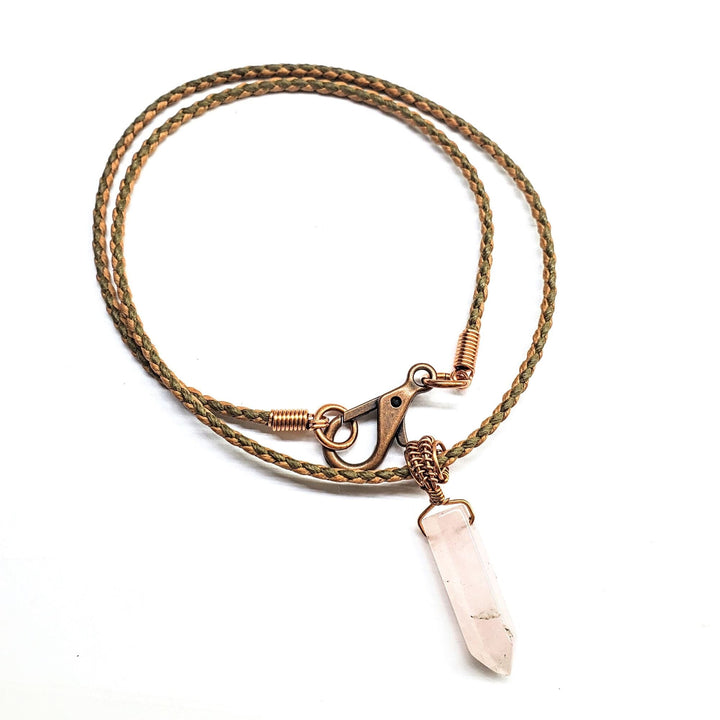 Vegan Friendly Wire Wrapped Pointed Crystal Necklace Pendant Alexa Martha Designs Rose-Rose Quartz Saddle & Sage Braided Cotton Bolo Cord 2mm 20 inches