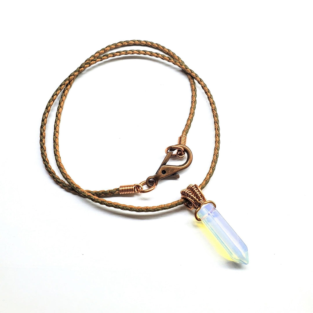 Vegan Friendly Wire Wrapped Pointed Crystal Necklace Pendant Alexa Martha Designs Luminescent - Opalite Glass Saddle & Sage Braided Cotton Bolo Cord 2mm 20 inches