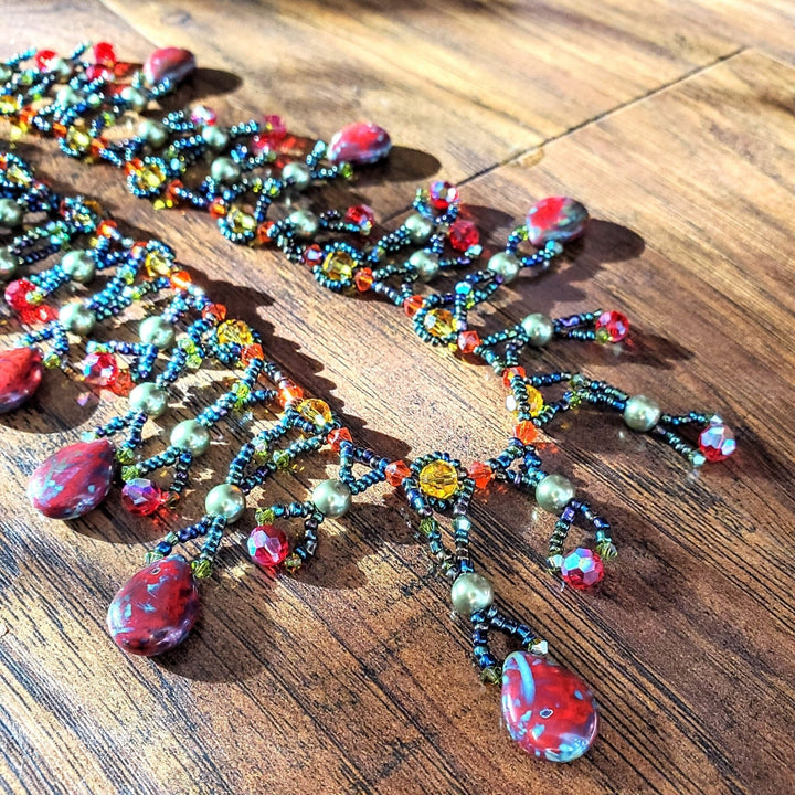 Sparkly Beaded Red and Green Waterfall Statement Necklace - Necklace - Alexa Martha Designs   