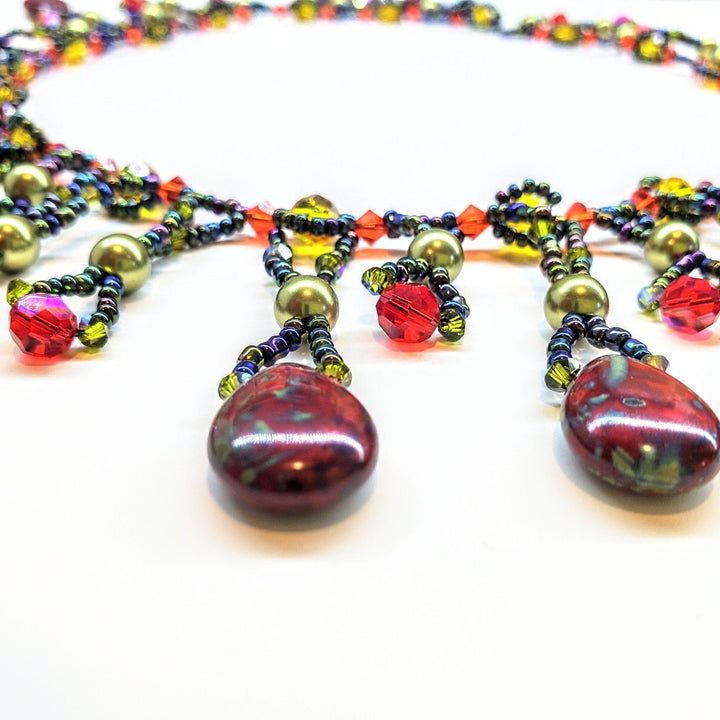Sparkly Beaded Red and Green Waterfall Statement Necklace - Necklace - Alexa Martha Designs   